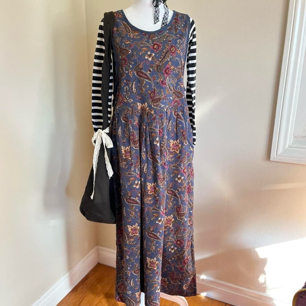 Vintage 90s Paisley Corduroy Maxi Babydoll Dress Whimsygoth Grunge Floral Blue M - Picture 5 of 11